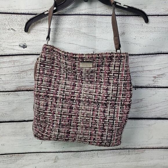 Coco + Carmen Vegan Leather & Tweed Shoulder Bag – Brown/Pink Plaid Purse Tote - Picture 1 of 16